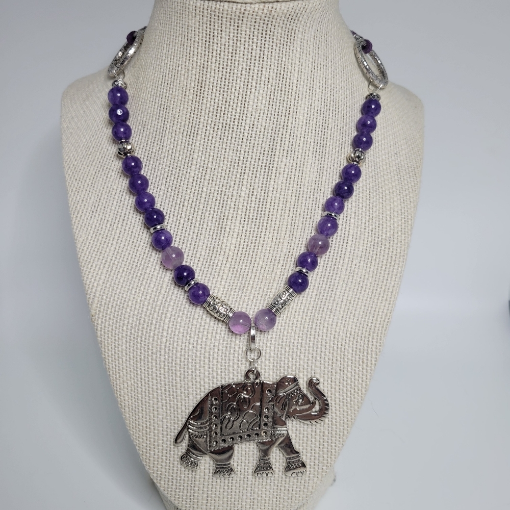 Purple Jade & Amethyst Beaded Silver Elephant Adjustable Reiki Handmade Necklace